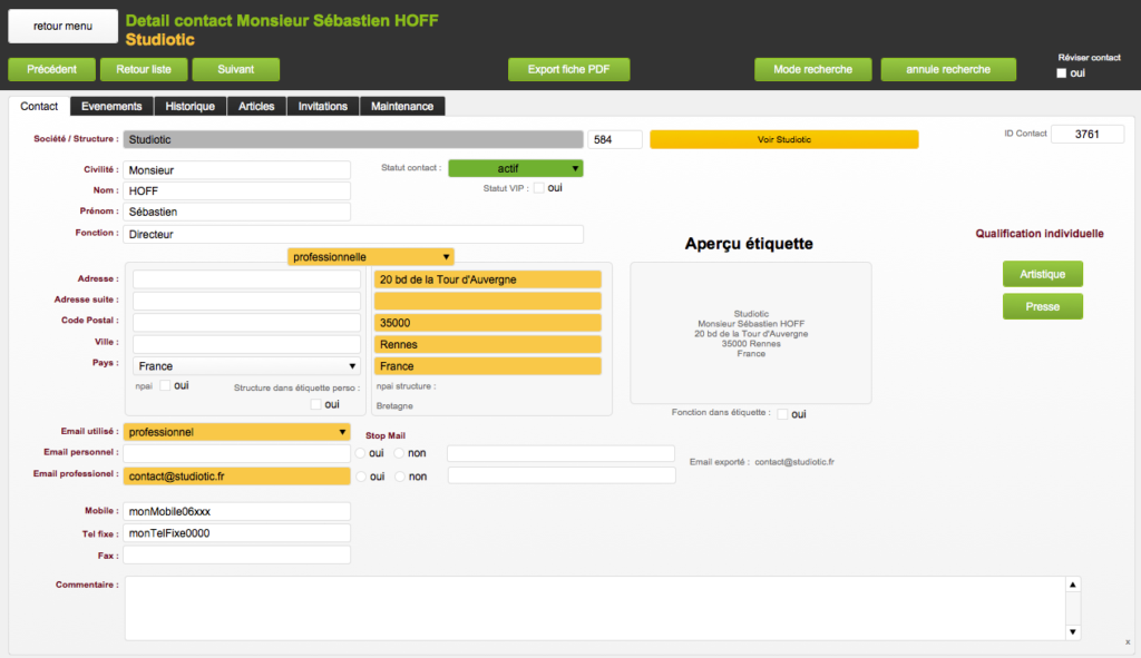 Diffusion-Start : la fiche détail contact
